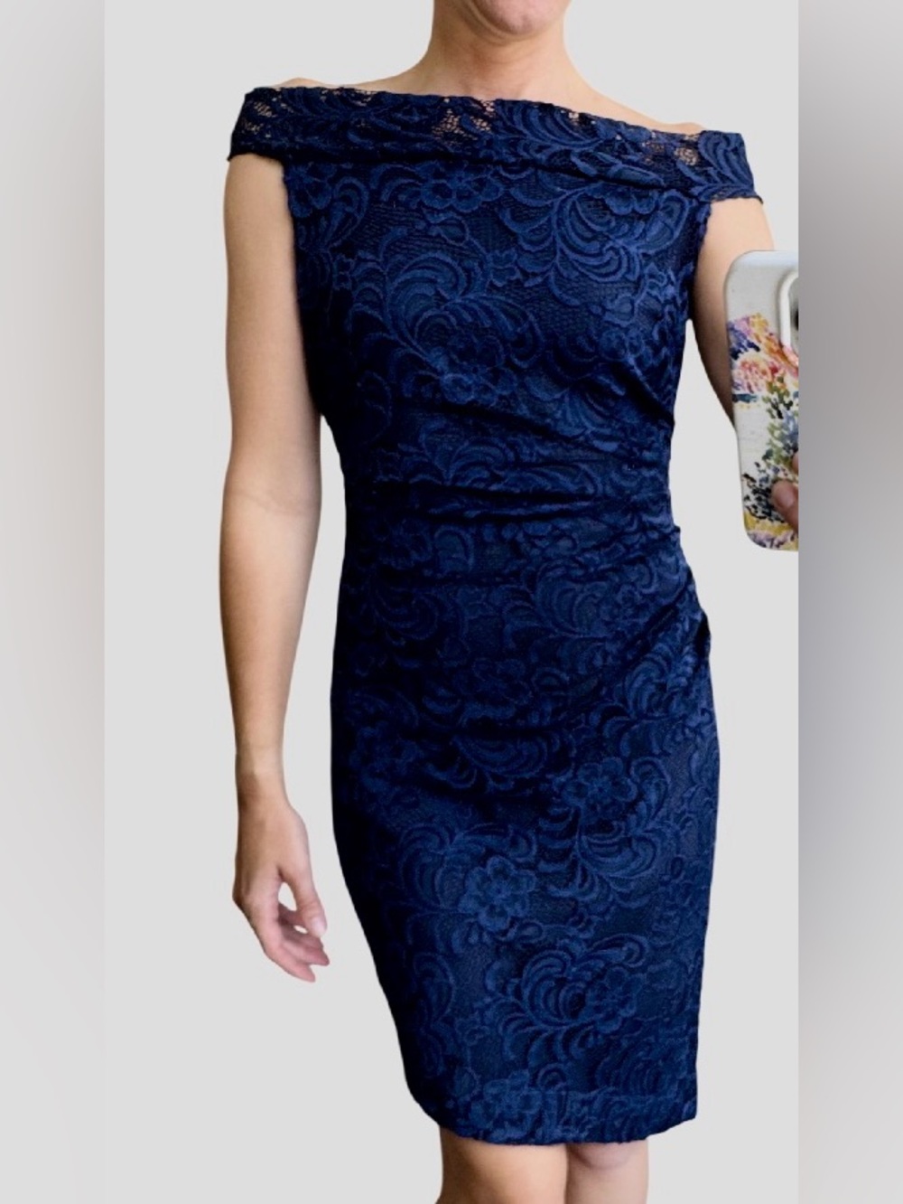 Milly Navy Blue Silk Lace Off Shoulder Sheath Cocktail Dress Size 6